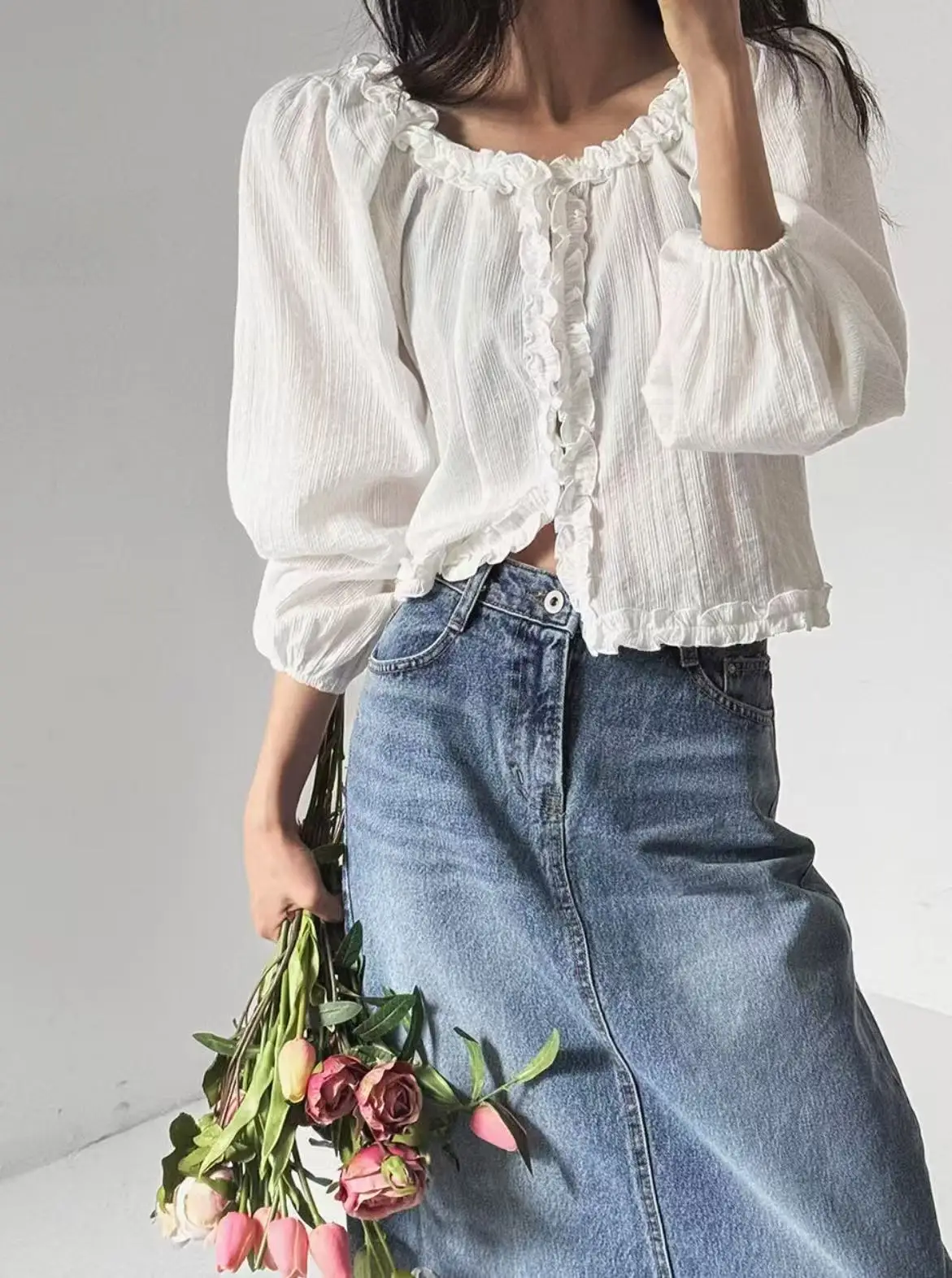 

Spring Summer 2026 Korean Sweet Style Puff Long Sleeve Shirt Office Lady Button Blouse Female Crop tops(L91193