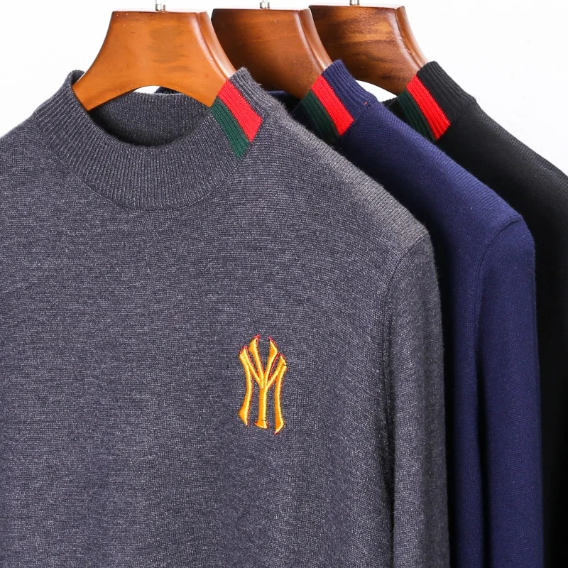 الخريف الشتاء الرجال الفاخرة المطرزة نصف عالية الياقة سترة مصمم العلامة التجارية موضة عادية أسفل سميكة الرجال محبوك سترة #5