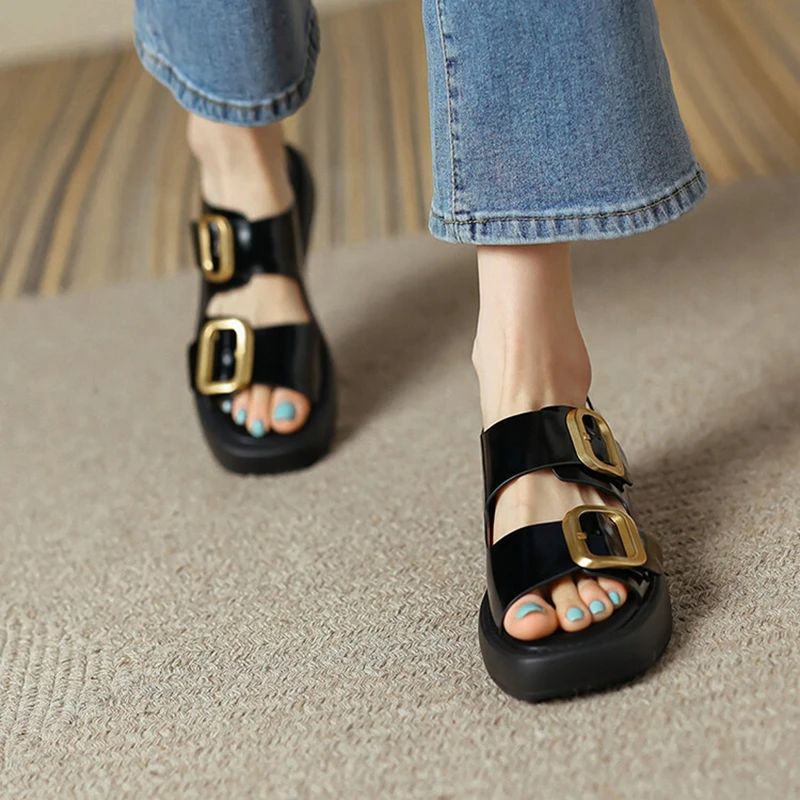 2024 Summer Women Shoes Fashion Round Toe Thick Heel Women Sandals Split Leather Solid Sandals Platform Casual Roman Shoes Women