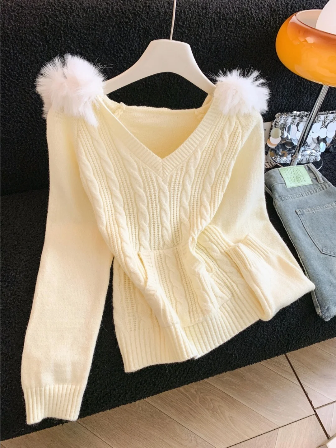 

Мягкий уютный осенне-зимний женский вязаный свитер с капюшоном и меховым воротником, утягивающий дизайн, высококачественный американский Sle Inte...