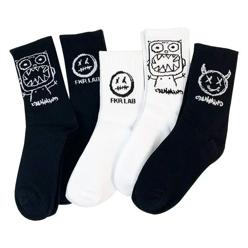 Men Women Socks Cotton Simplicity Anime Devil Grimace Harajuku Black White Graffiti Fashion Long Funny Hip Hop Sox Unisex medias