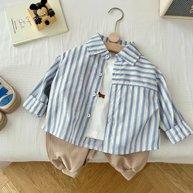 

Boys' Handsome Shirt 0-5 Years Old 2025 Autumn Baby Boy Simple Striped Casual Shirt Childrens Turn-down Collar Cotton Tops