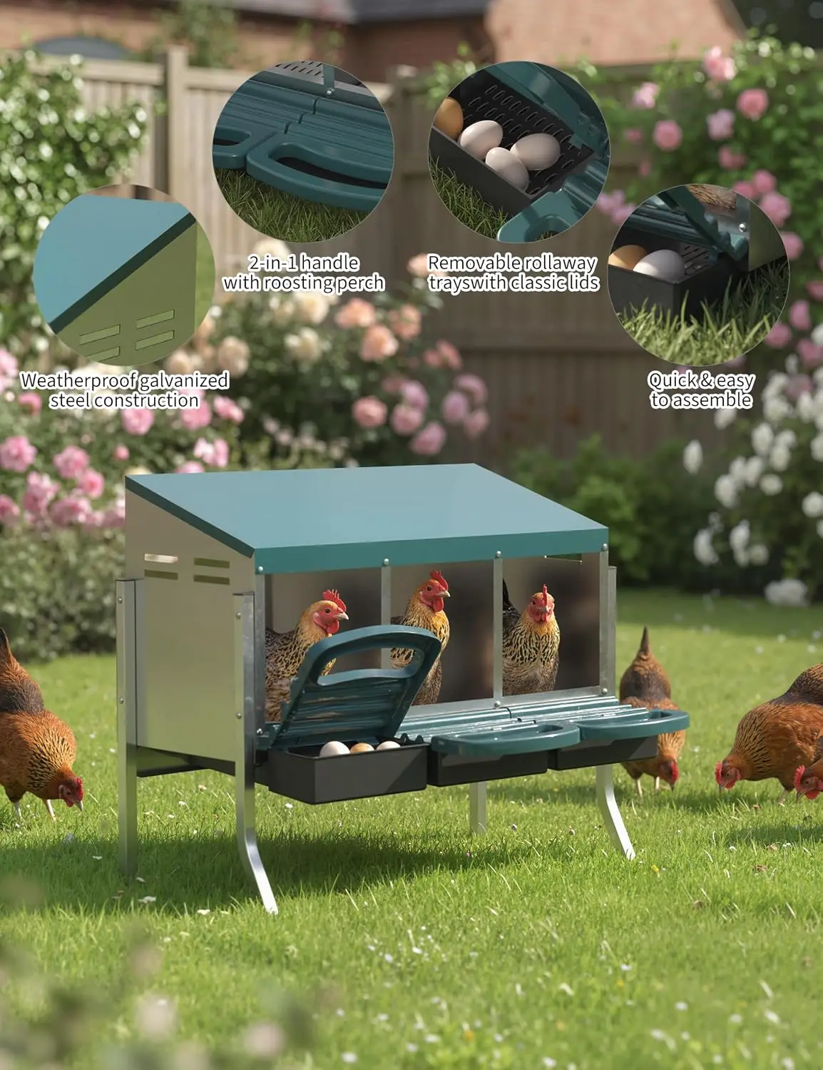Pondoir à poules Garvee à 3 compartiments en acier galvanisé avec couvercle et plateau de récupération facile, boîte de ponte robuste pour poules, fixation murale double et conception autoportante pour poulailler