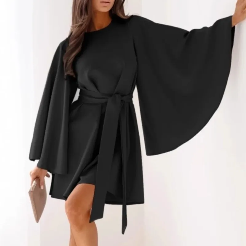 

2025 Women's Fashionable Solid Color Round Neck Bat Sleeve Long Sleeve Waist Loose Dress Street Commuter Casual Vacation Skirt