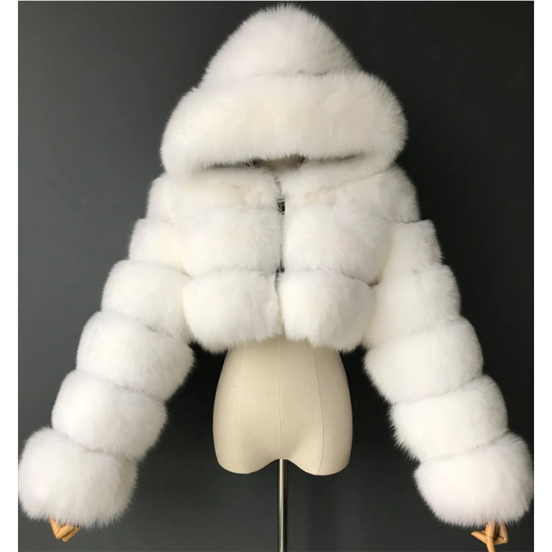 

High Quality Furry Cropped Faux Fur Coats and Jackets Women Fluffy Top Coat With Hooded Winter Fur Jacket Manteau Femme