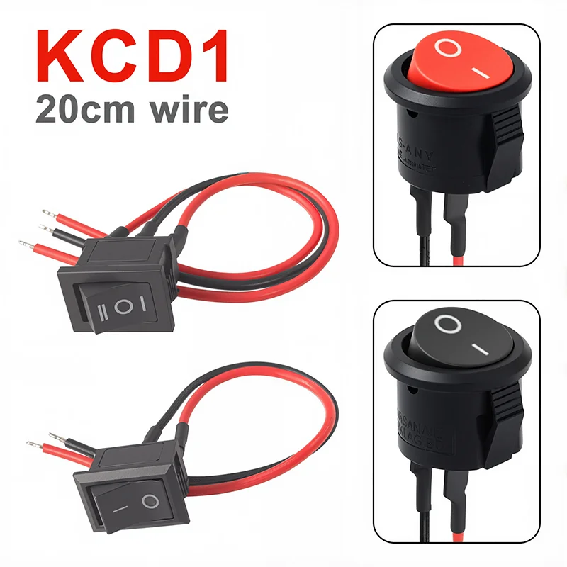 5Pcs Mini Rocker Switch 12V 20A 2Pin SPST Small ON Off Switch Rocker Toggle KCD1 Switch 20cm Line Black