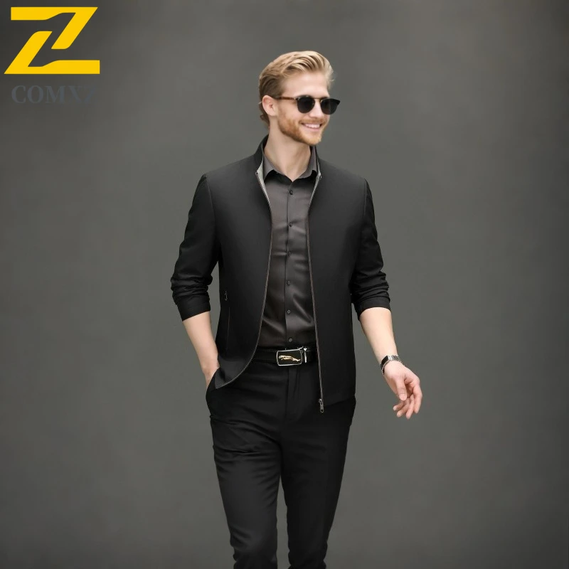 

COMXZ Men Jacket Premium Stand Collar Business Casual Office Commuting Lightweight Outerwear Coat Autumn Handsome Windbreaker