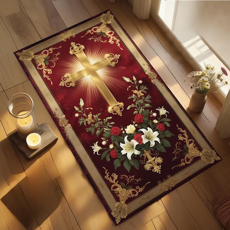 Classical Floral Orthodox Cross Decor Rug | Christian Prayer Mat Byzantine Art Orthodox Cross Prayer Rug | Christian Mat