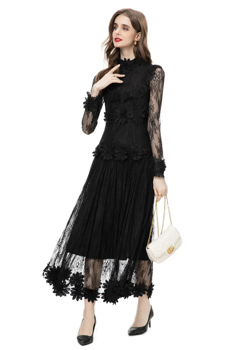 Summer Fashion Designer Black Mseh Dress Women's O-Neck Perspective Long Sleeve Appliques Ruffles Vintage Long Dresses