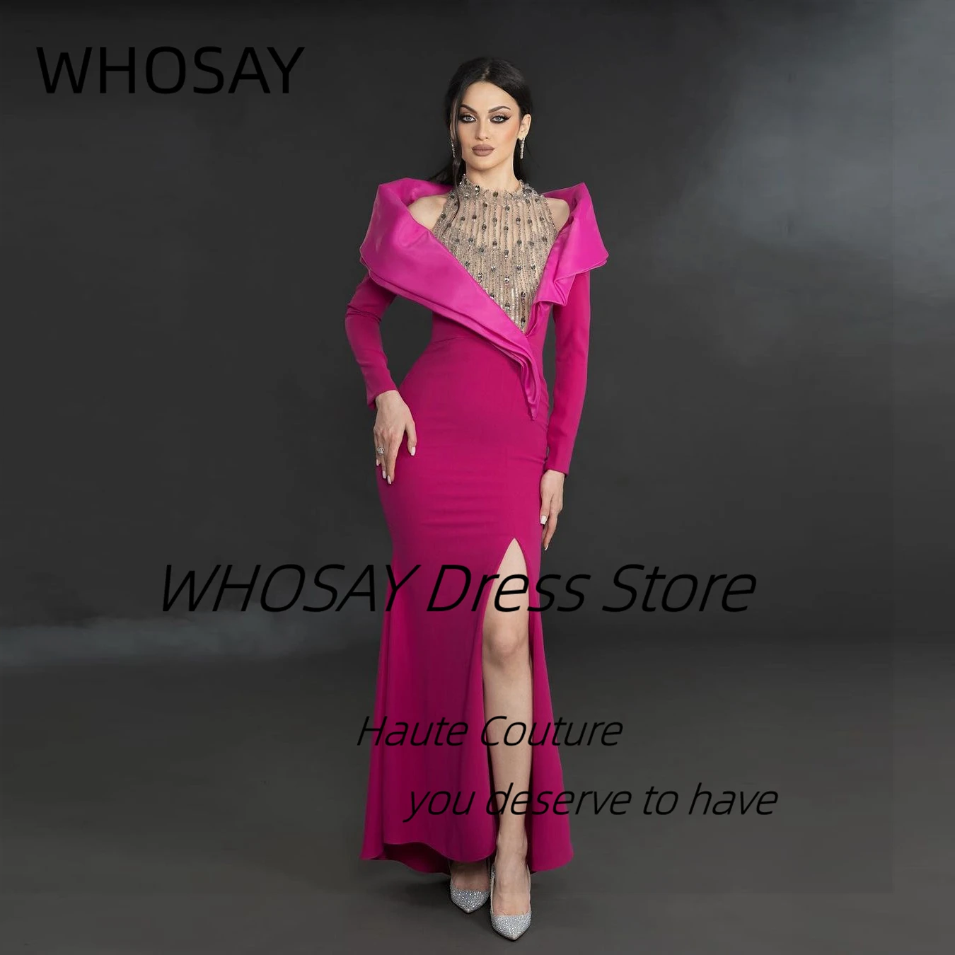 

WHOSAY Elegant Evening Dresses for Women Luxury Beading Neckline Prom Dress Long Sleeves Side Slit Mermaid Party Bride Wear