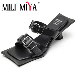 MILI-MIYA Fashion Square Toe Women Cow Leather Sandals Comfortable Low Thick Heels Slip On Solid Color Big Size 34-40 Handmade