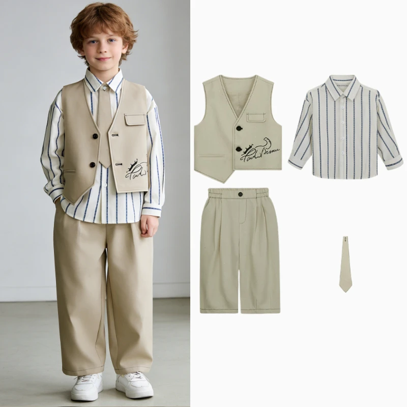 Teen Boys Embroidery Vest Suit Set School Kids Daily Formal Outfit Striped Shirt Tie Wide Leg Pants for Wedding Party Stage Show