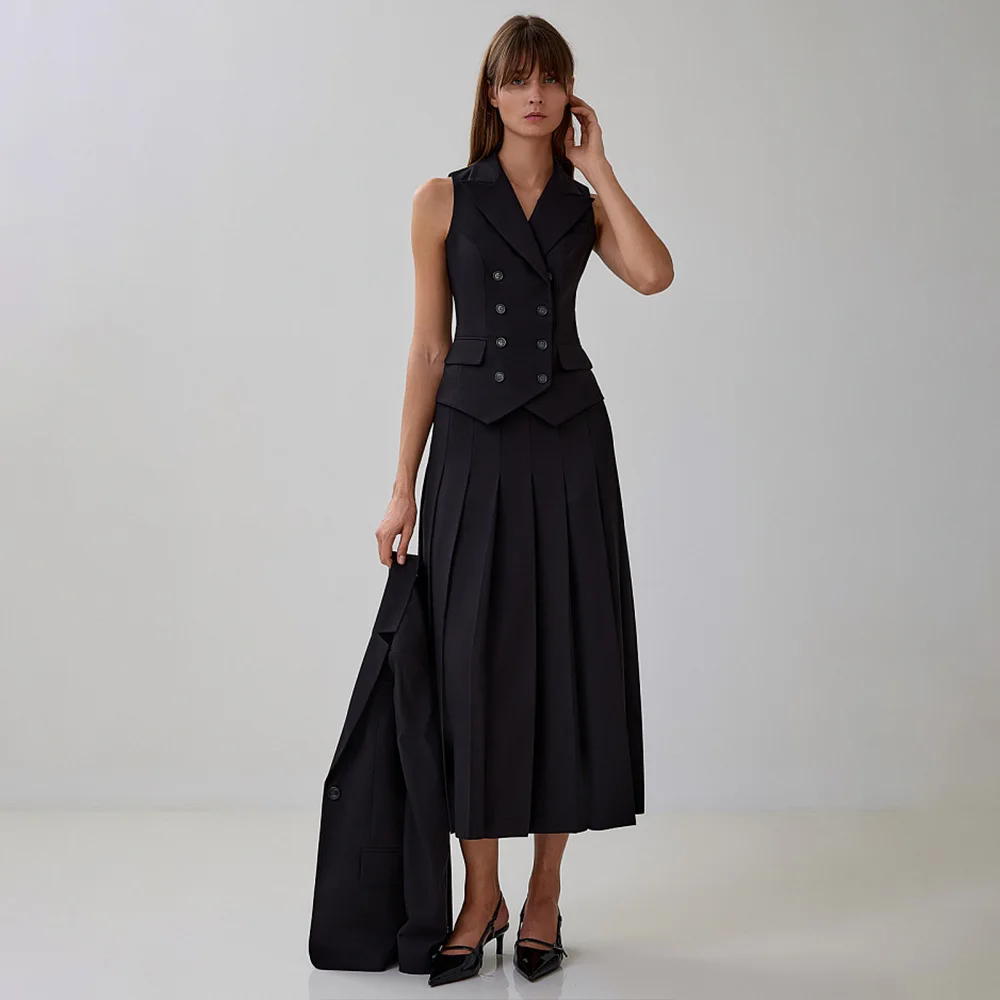 Elegant Soild Two Piece Sets Women 2024 Autumn Fashion Double-breasted Vest Pleated Long Skirt Party Evening Matching Outfits