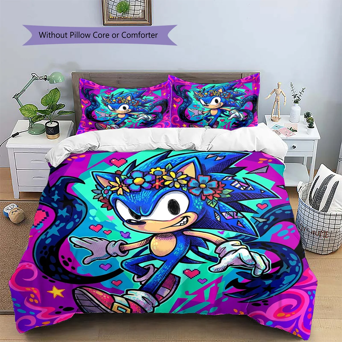Hedgehog Sonic Patterned Pillowcase & Duvet Cover Set Bedroom Stylish Bedding Popular Anime Themed Fan Gift.-TING