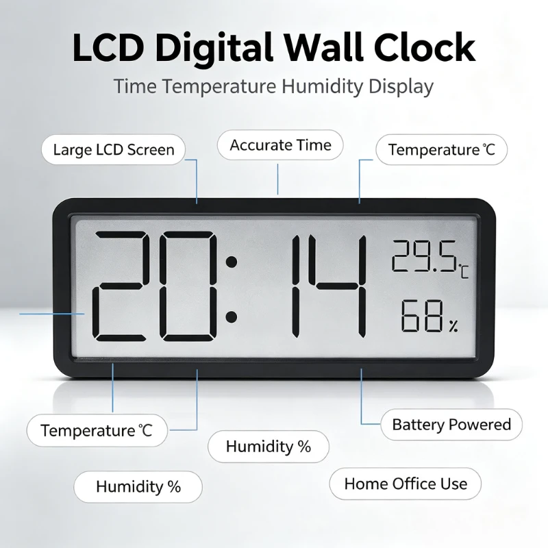LCD Screen Digital Wall Clock Time Temperature Humidity Display Electronic Desktop Digital Clock Battery Powered