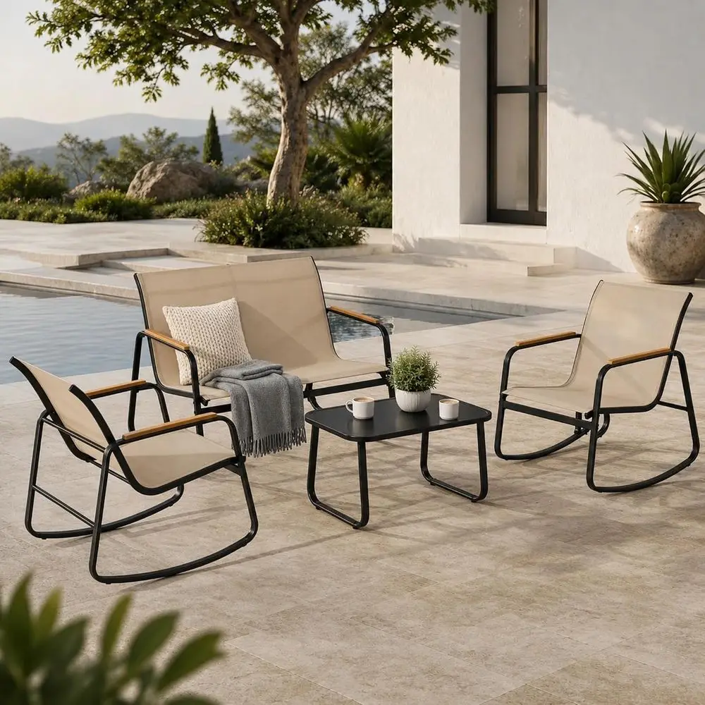 4-Piece Rocking Patio urniture Set, Textilene Contion Set, Brown | Heavy-duty Patio Set w/Breathable abric, Smooth Rocking, Wood