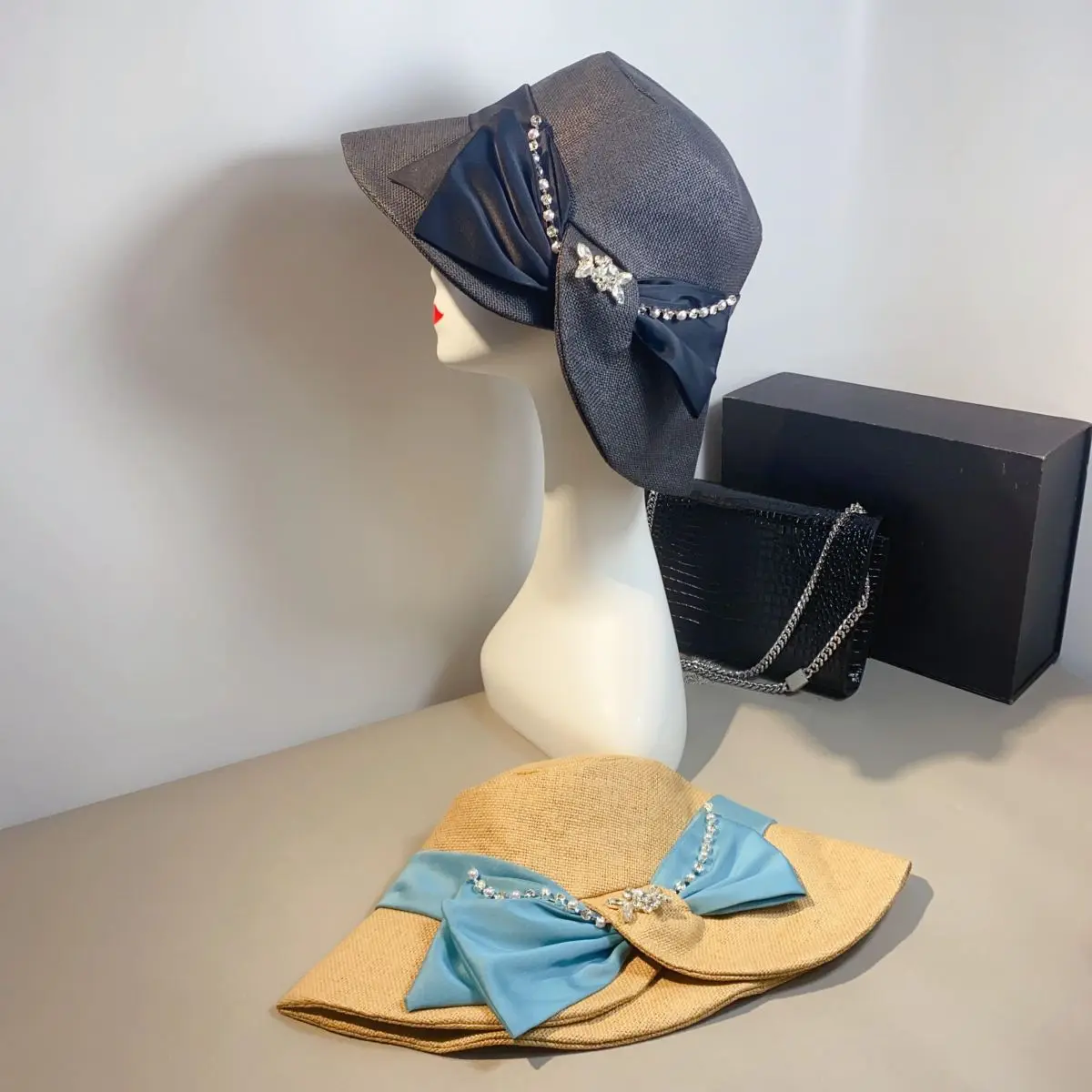 Diamond bow shading straw hat, summer sun protection, elegant French fashion basin hat, fisherman hat, beach beach hat