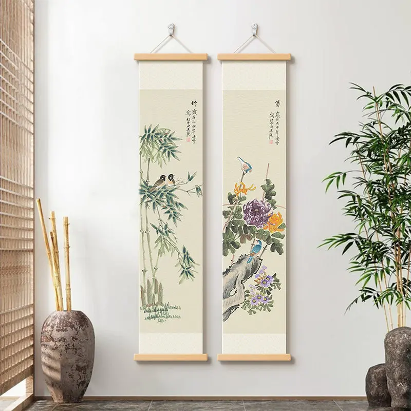 Wall Art Plum Orchid Bamboo Chrysanthemum Botanical Scroll Design on Pearlescent Canvas with Wooden Rods for Tea Room