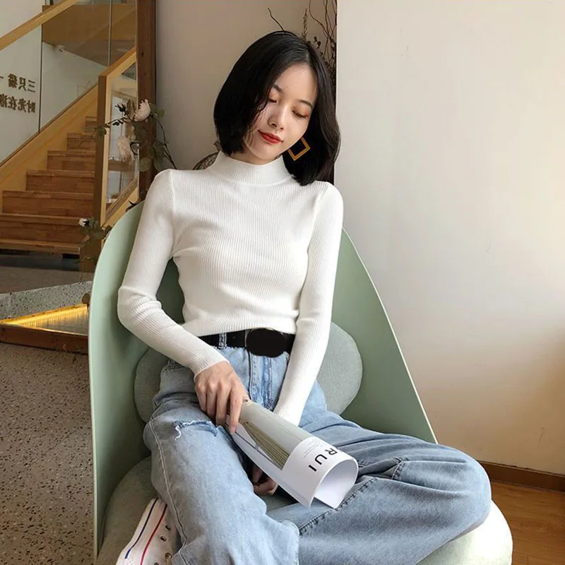 Autumn Winter Women Sweater Basic Solid Half-high Collar Knitted Pullovers Korean Simple Slim Long Sleeve Jersey Jumpers Female