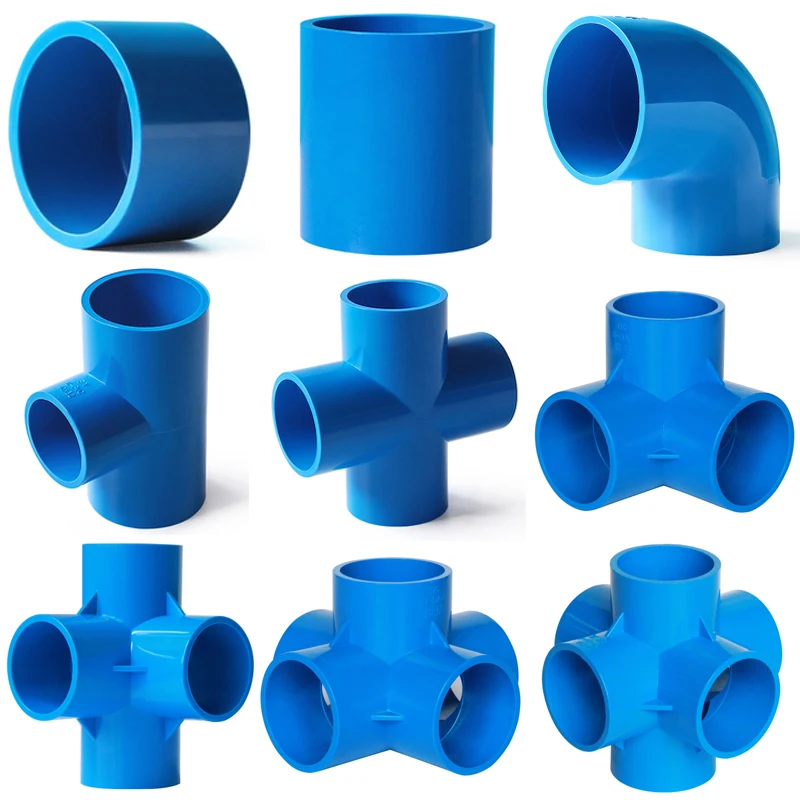 

2Pcs/Lot Inner Dia 20~63mm Blue PVC Pipe Connectors Straight Elbow Tee Cross Joints Aquarium Pipe Fittings Home DIY Pipe Joints