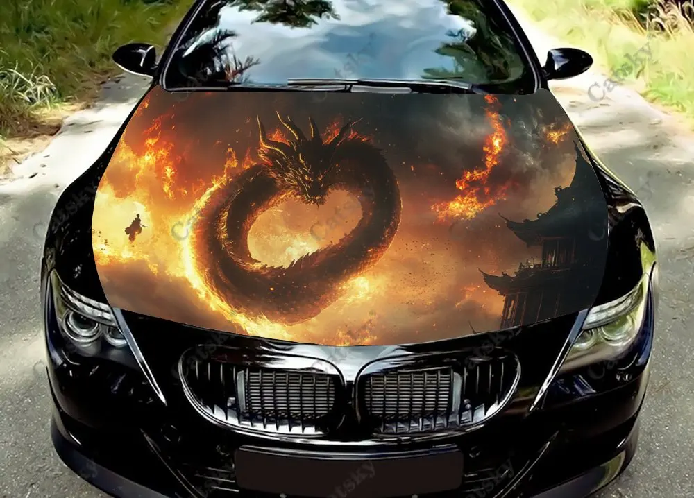 Burning Flame Dragon Car Hood Vinyl Stickers Wrap Vinyl Film Engine Cover Decals Universal Auto Accessories Hood Protective Film