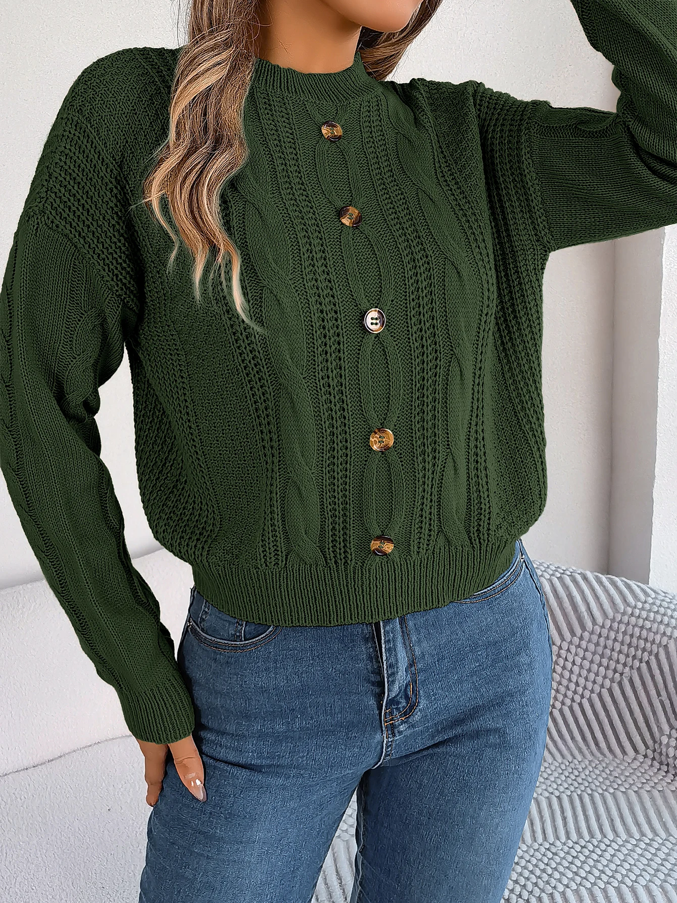 Fashion Pullovers And Sweaters Women 2023 Autumn Winter Casual Buttons Long Sleeve Knitwear White Gray Green