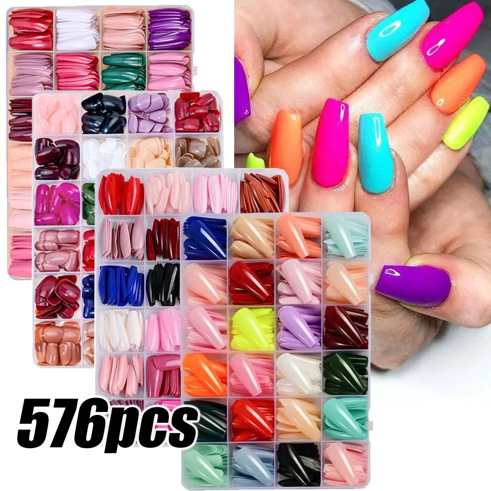 Colorful Medium/Long Coffin Press On Nails 576pcs/box Glossy Acrylic Ballerina Fake Nails Full Cover Artificial False Fingernail