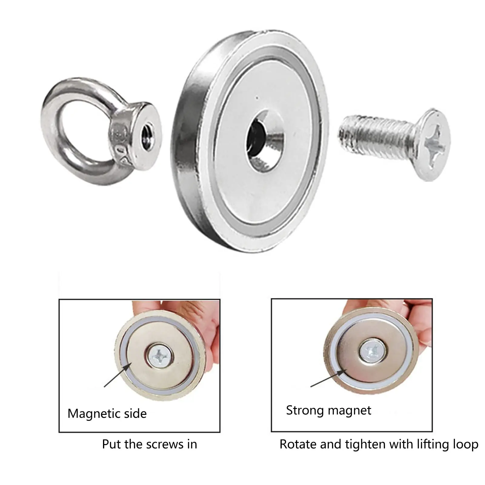 NdFeB Fishing Magnets Strong Round Eyebolt Magnet Super Power Pulling Force 230kg with Ring Buckle for Fishing and Salvage in Ri