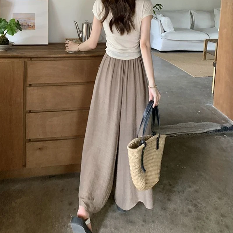 Summer Vintage Ethnic Style Wide Leg Trousers Women Elastic Waist Loose Fashion Pleated Comfortable Bandage Personality Pants