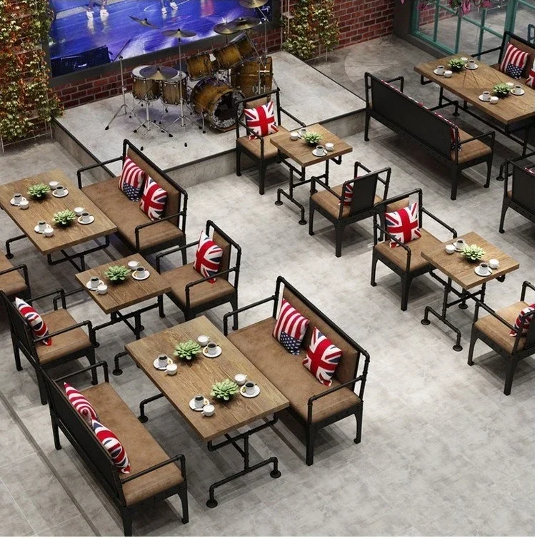 wrought iron water pipe commercial solid wood tables and chairs, industrial style retro clear bar sofa, barbecue snacks hot