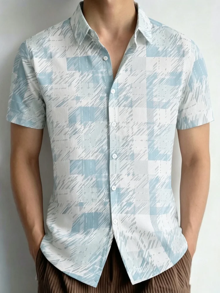 Men's hand drawn graffiti checkered short sleeved shirt with square printing, full collar buttons, casual commuting shirt