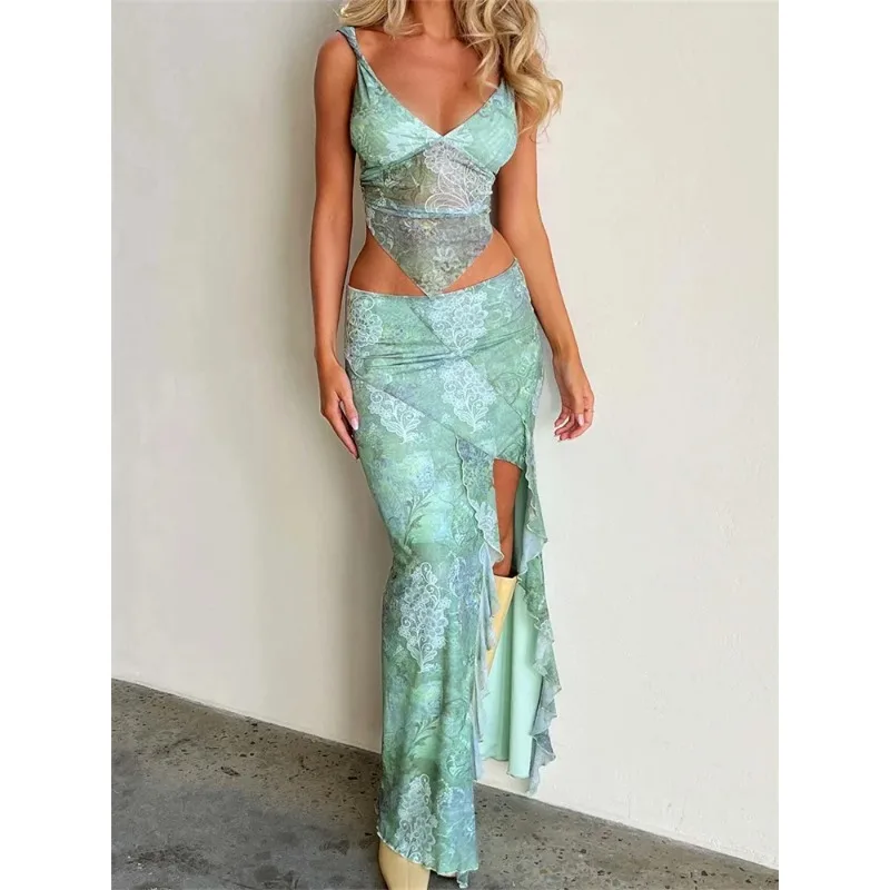 Women's Sexy 2 Piece Long Skirt Sets, Lace V-neck, Backless Camis Tops, High Split Skirts, Summer Outfits, Y2K Clubwear