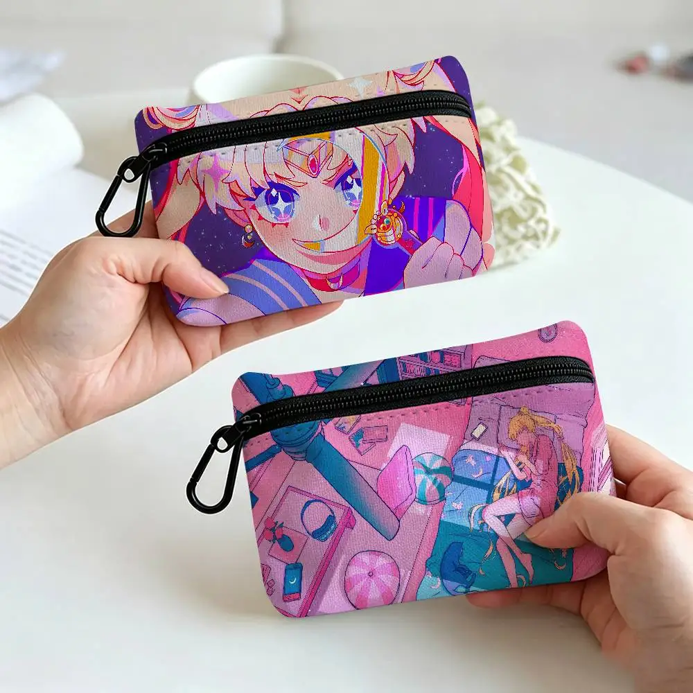 Magical Girl Anime S-Sailor M-Moon Mini Hanging Oxford Cloth Coin Bag Durable Zipper Key Card Pouch With Carabiner