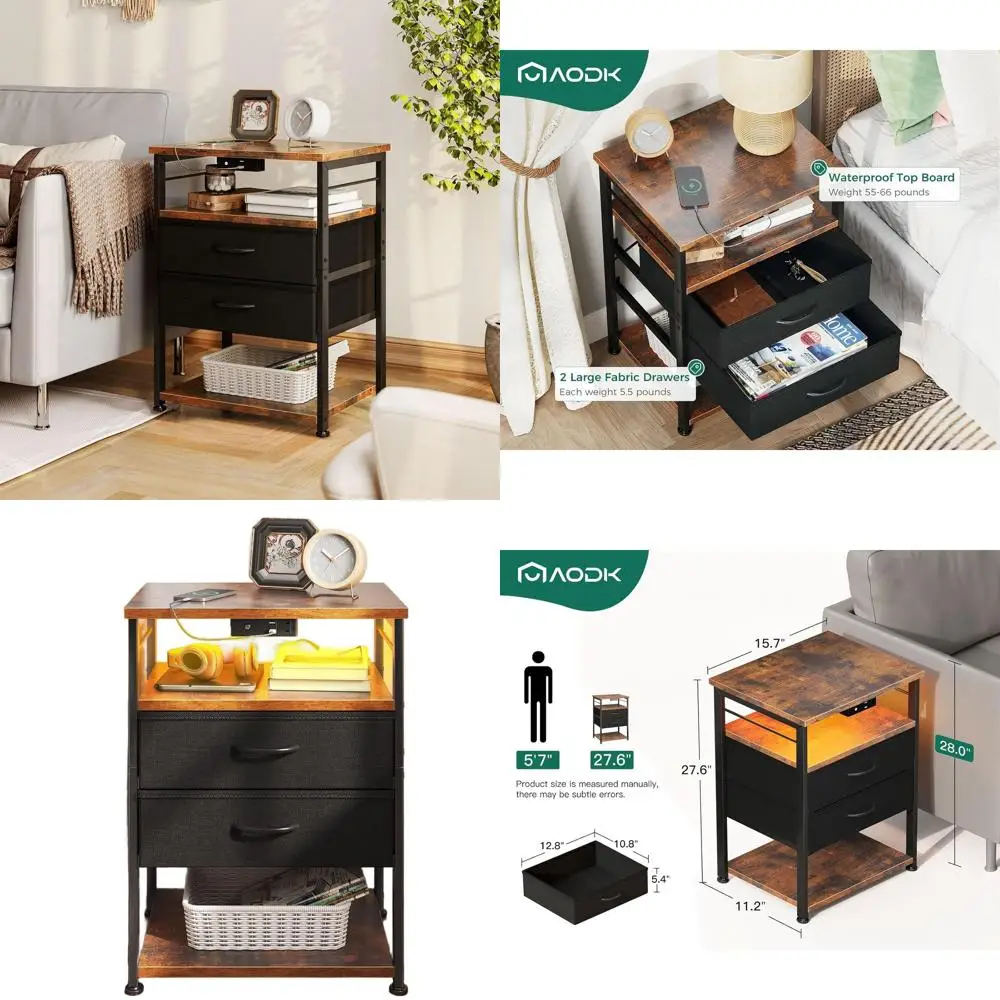 

Тумбочка для спальни с зарядной станцией, высокий ящик для хранения вещей, винтажный черный 4-х уровневый стол