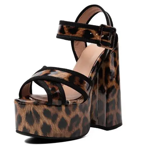 Women Leopard Shiny Platform Chunky Block Heel Sandals Open Toe Ankle Strap Buckle Thick Sole Super High Heel Party Sandals