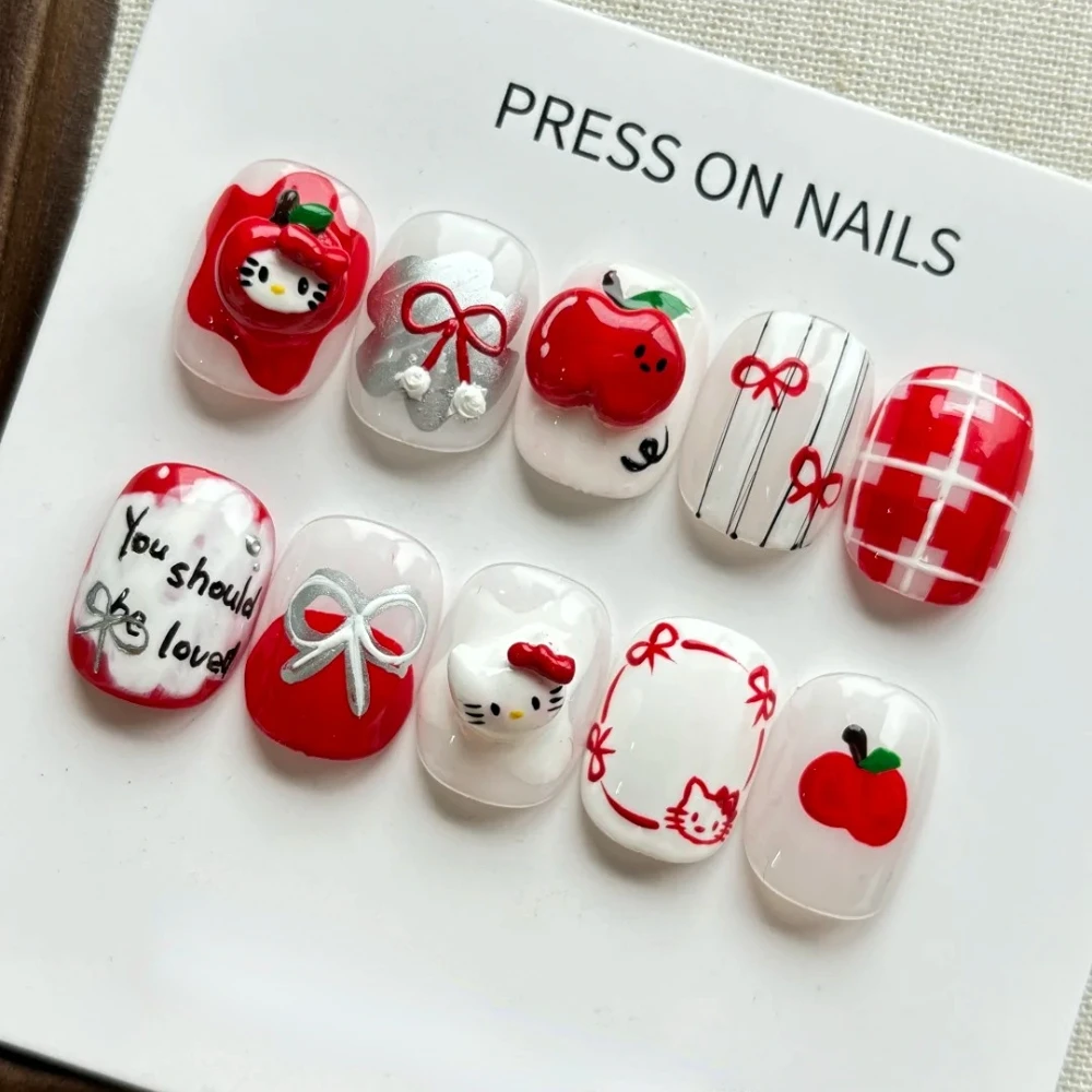 10 Pcs Handmade Press On Nails 2024 Christmas New Luxury Cute 3D Limited Short False Nails Design Art DIY Nails with Set