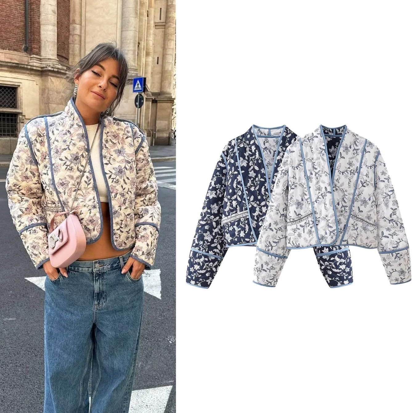 

Women Autumn Winter Bomber Parkas Jacket Female Full Sleeve Print V-Collar Quilted Reversible Short Coat Lady Casual Outwear