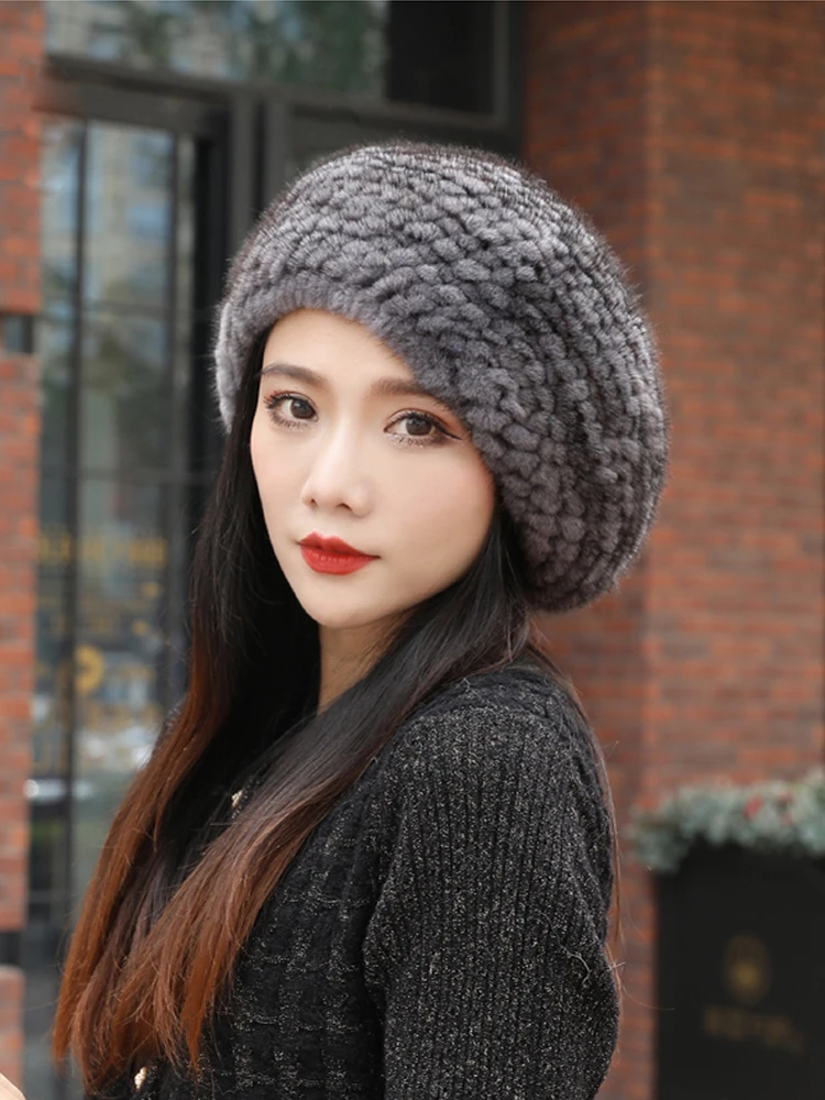 

ICYMI Real Mink Fur Berets Elegant Women's Winter Caps New Design Fashion Fur Hats Knitted Warm Natural Mink Fur Beanies Hat