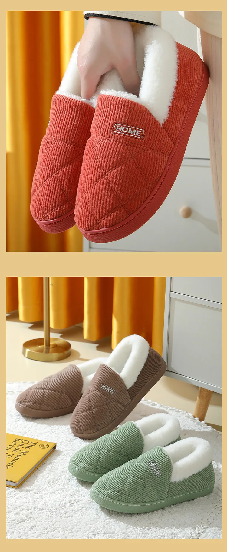 Shevalues Flauschige Baumwollschuhe für Damen, rutschfeste flache Hausschuhe, flauschige, gemütliche, warme Hausschuhe, Winter-Hausschuhe mit weicher Sohle – Detail 12