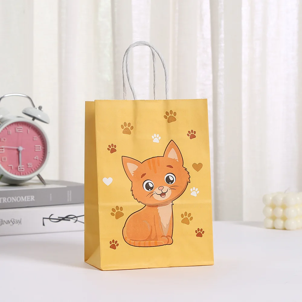 6Pcs Pink Colorful Cat Paw Print Paper Candy Bags Gift Bags With Handles For Animal Pet Theme Birthday Party Decorations Favors