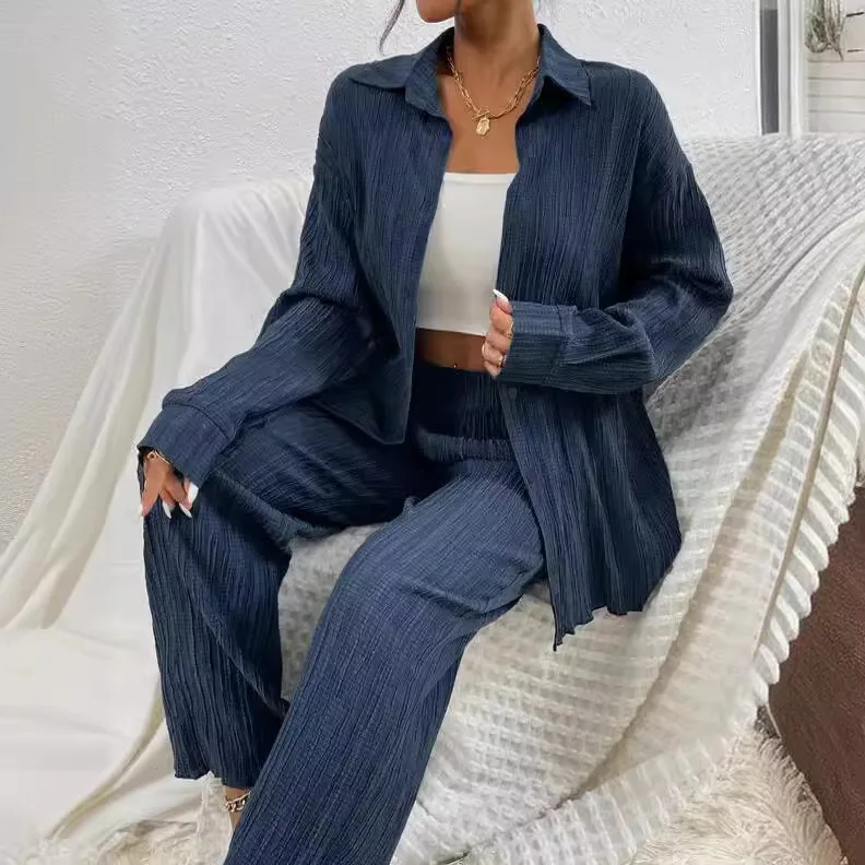 Casual Loose Shirt Pants Two Piece Sets For Women 2025 Solid Long Sleeve Striped Shirts Outfits Fall Winter High Waist Pant Sets