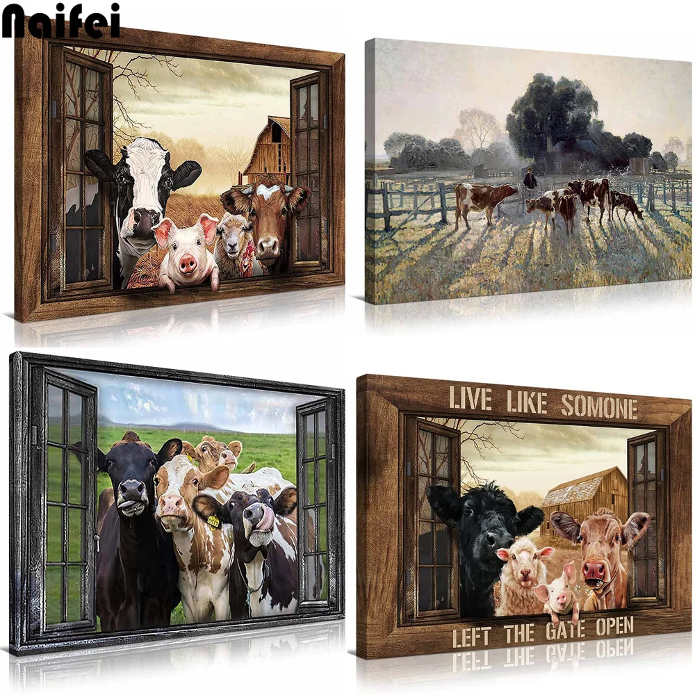 Cows Diamond Painting Friends in The Window Landscape Cattle Full Diamond Mosaic Funny Animals Farm Decor Diamond Embroidery