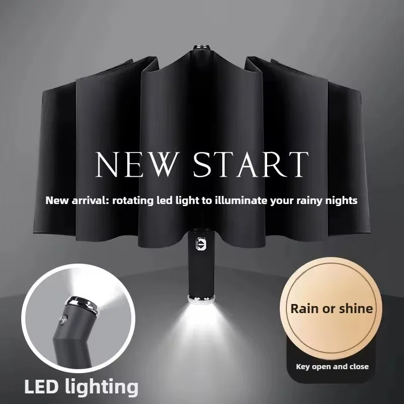 Rotating LED Flashlight Umbrella Dual Use Sun Rain Umbrella with 10-Bone Frame Automatic UV Protection Compact Travel Shade