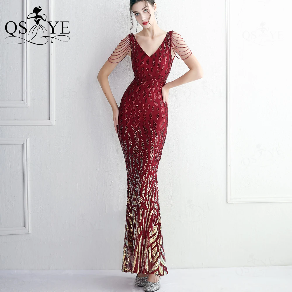 

Fade Burgundy Prom Dresses Mermaid Sequin Beading Straps Evening Gown Diamond Pattern Lace V neck Backless Red Formal Party Gown