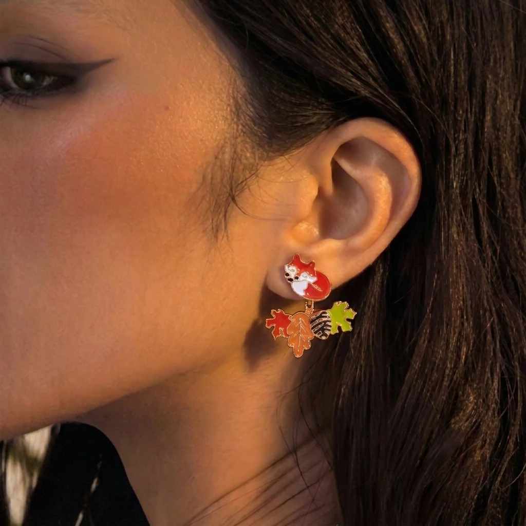 Neue Design-Ohrringe mit Fuchs, Tannenzapfen und Ahornblatt für Damen, Trendige Niedliche Emaille-Kürbis-Ohrstecker, Süße Ausgefallene Schmuck-Accessoires – Detail 4
