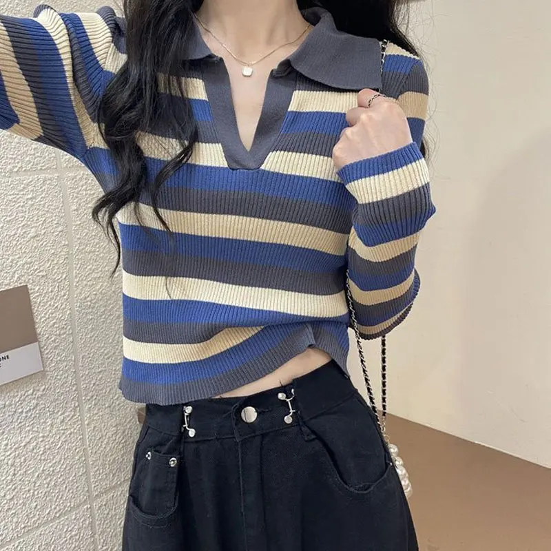 Striped Turn-down Collar Long Sleeve Pullovers Casual Office Lady T-Shirts Simplicity Slim Sweet Fashion Women\'s Clothing 2023