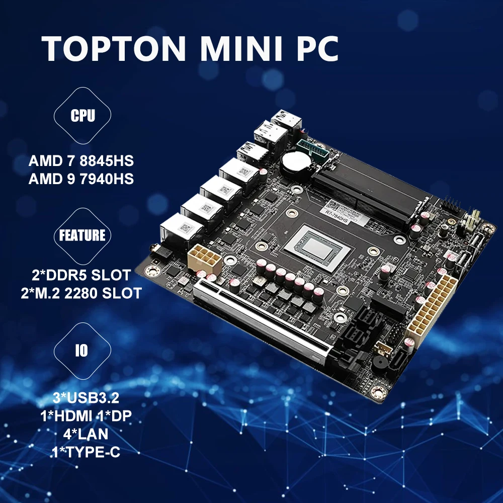 

Topton 6-Bay NAS Mini-ITX Motherboard 4X i226-v 2.5GbE Ports AMD Ryzen 7 8845HS 9 7940HS 8-core 16 Threads up to 5.2GHz, 2X DDR5