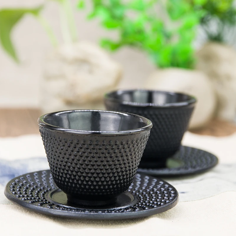 Vintage Cast Iron Tea Cup Set Hand Forged Rust-Resistant Teacup with Solid Iron Coaster Traditional Tea Ceremony Accessories