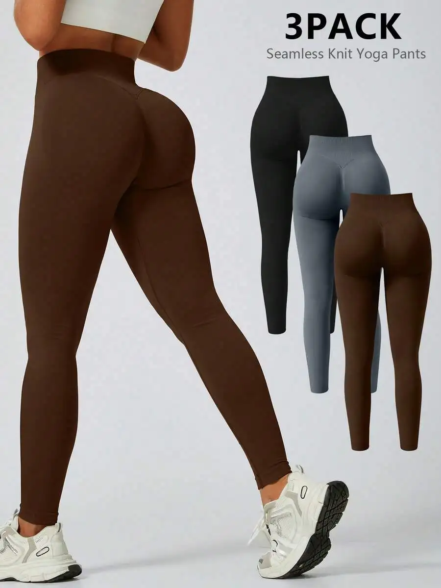 

3 Pack Women High Waist Seamless Knit Yoga Pants Solid Color Elastic Sport Leggings
