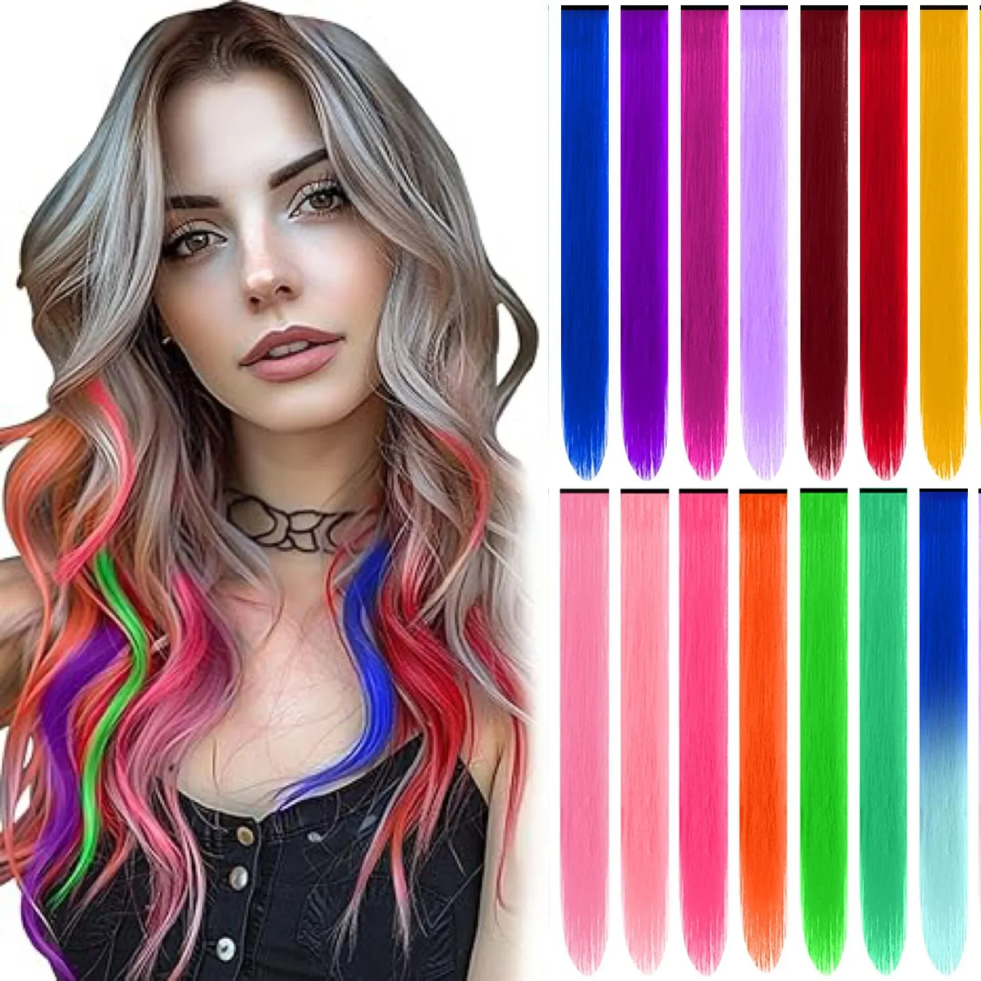 Extensiones de Cabello sintético con Clip de Color azul y morado, extensión de cabello de 55cm, resaltado colorido, pieza de cabello sintético liso